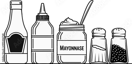 A line art illustration of condiments including bottles and shakers