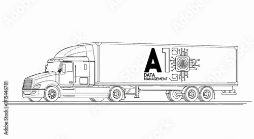 A line art illustration of a semi-trailer truck with a data management logo