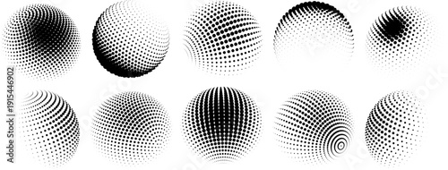 Halftone 3D sphere. Dotted globes, circle shapes with dot pattern fading effect.  Abstract spheres vector set