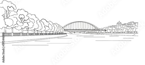 A line drawing of a cityscape with a river and a large arched bridge