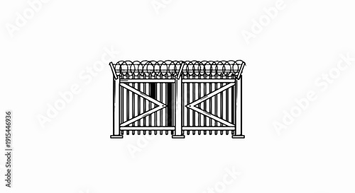 A line drawing of a closed metal gate with barbed wire topping