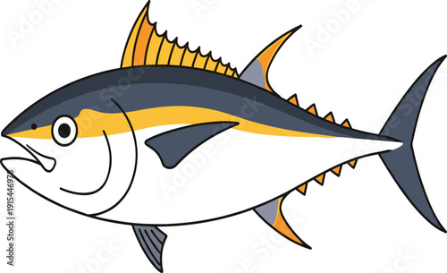 Colorful cartoon tuna fish with yellow and black stripes swimming