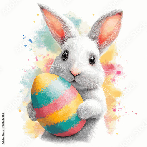 White rabbit holding colorful Easter egg, watercolor splash background. White rabbit holding a brightly striped Easter egg against a vibrant watercolor splash background