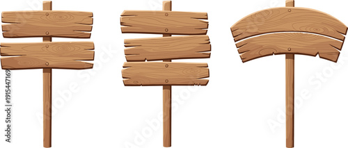 Rustic Wooden Signboard Collection with Blank Timber Planks and Directional Signposts for Nature Trails, Game UI, Outdoor Parks, and Countryside Information Designs