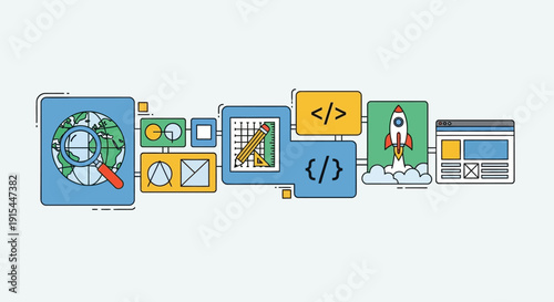 Software development icons representing various coding aspects and tools displayed together on a clean interface