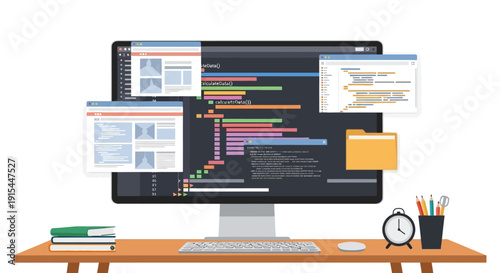 Computer screen displaying multiple code windows on a wooden desk