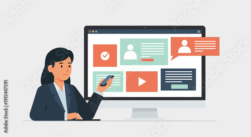 Woman creating digital content on computer screen with various media icons