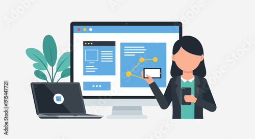 Woman designing website on computer with laptop and plant nearby in office