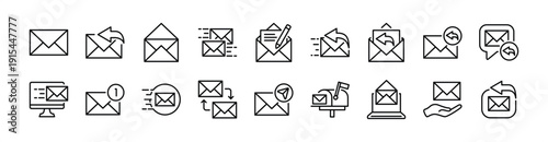 Mail, electronic mail, envelope thin line icon set. Contains message, mailbox, reply, open, send, write, inbox, response, letter box, post, receive, contact information for communication - vector