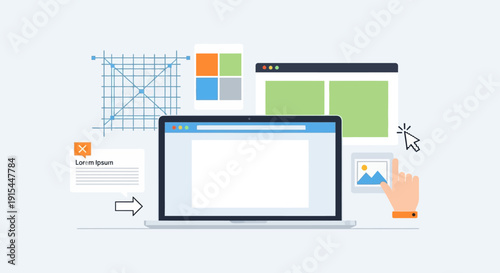 Design elements on laptop screen showcasing graphic tools and templates for creative projects