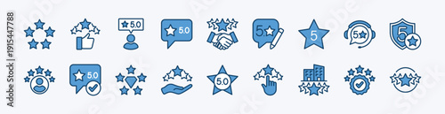 Set of five stars customer review and rating icon. Contains feedback, satisfaction, experience, quality, comment, response, testimonials for service, support, survey, hotel, security, skill - vector
