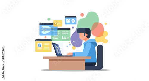 Person working on laptop surrounded by digital icons and graphics at a wooden desk in a modern workspace