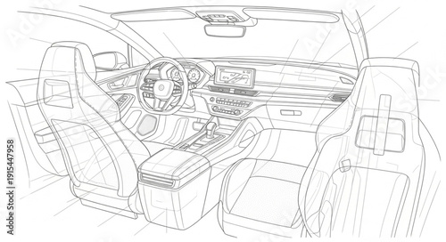 Car Interior Sketch Detailed View.