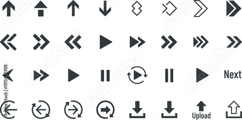 Black and white directional and media control arrows
