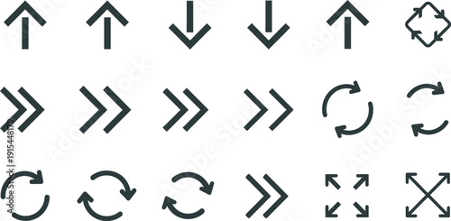Set of black directional arrows and circular on white background