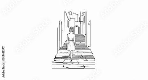 A lone figure walks up a stone staircase in a narrow, old-world alleyway