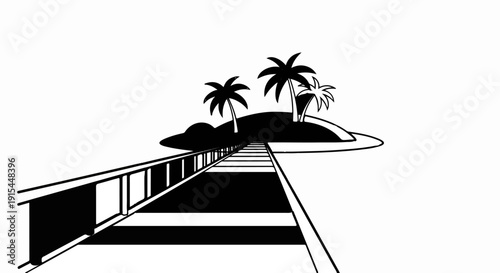 A pathway leads to a tropical island with palm trees