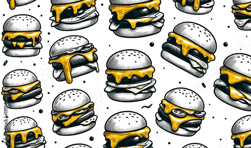 big patty burger vector seamless background in white and yellow, delicious melted cheese burger