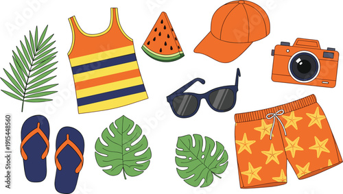 Summer Vacation and Travel Vector Set Featuring Tropical Leaves, Beachwear, Sunglasses, Camera, and Watermelon for Seasonal Holiday Marketing and Tourism Graphic Designs