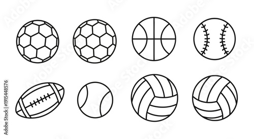 Sports Balls Outline Icons Set including Football, Basketball, Baseball, American Football, Tennis, and Volleyball, representing various athletic games, isolated on a white background.