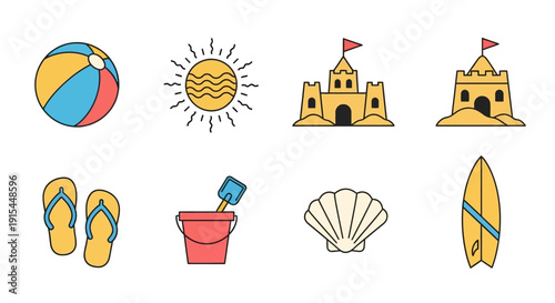 Vibrant Summer Beach Vacation and Travel Themed Icon Set with Objects, isolated white background