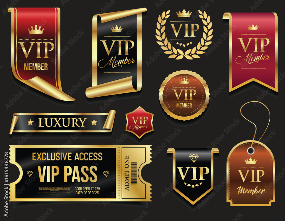 Fototapeta premium Luxury VIP Branding Set – Elegant Collection of Golden Ribbons, Membership Labels, and Exclusive Access Passes for Premium Events and Branding
