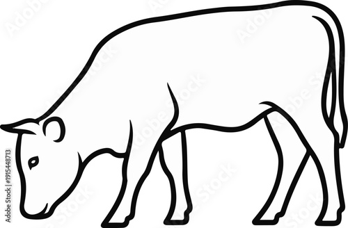 A minimalist line drawing of a cow grazing with its head down