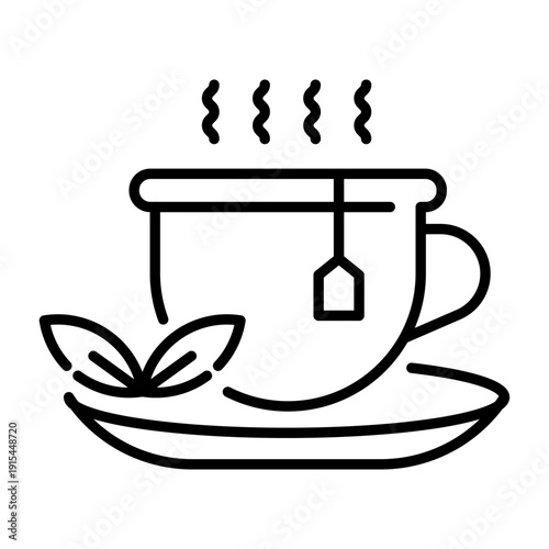 Herbal Tea Outline Icon. Organic Drink, Natural Leaf Cup, Healthy Beverage Linear Vector Editable Stroke