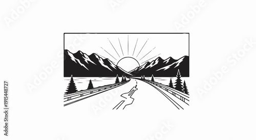 A scenic road leads towards a sun rising over majestic mountains