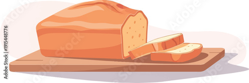 A loaf of bread, sliced on a wooden board, on a white background