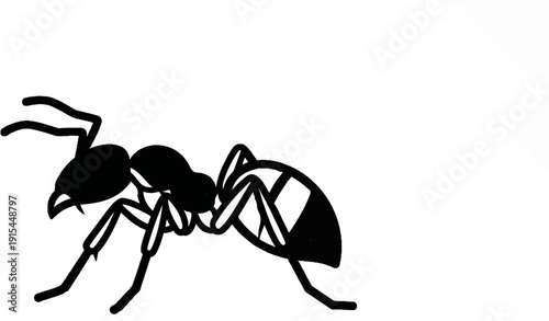 A simple, bold, black silhouette of an ant with distinct segmentation, facing left