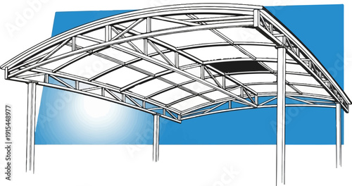 A line-art drawing of a large, arched metal frame canopy