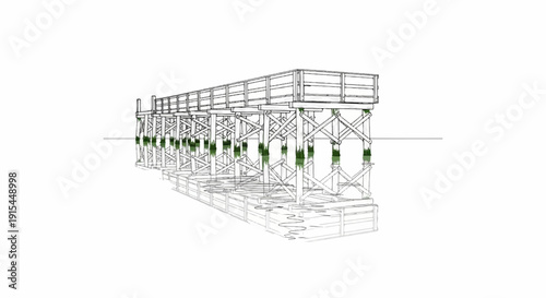 A linear wooden pier extends over tranquil water, supported by an intricate network of pilings
