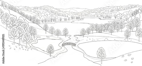 A serene landscape with rolling hills, a winding river, and a charming arched bridge