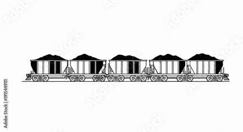 A line of five open-top train cars filled with coal