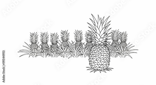 A line of pineapples with one prominent in the foreground
