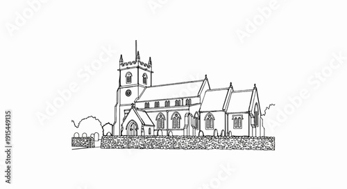 A line drawing showcases a historic church with a prominent clock tower and ornate windows