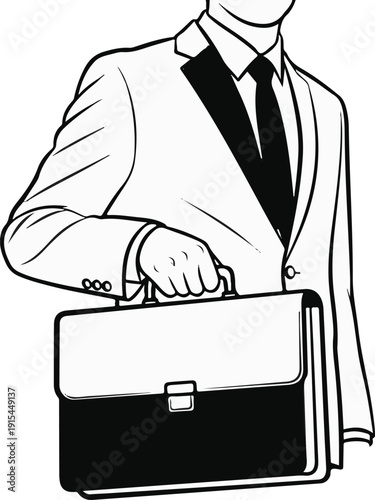 A person in a suit and tie holds a briefcase in a black and white illustration