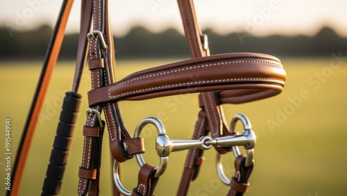 Close up of a horse bridle and reins with a whip in the background outdoors.