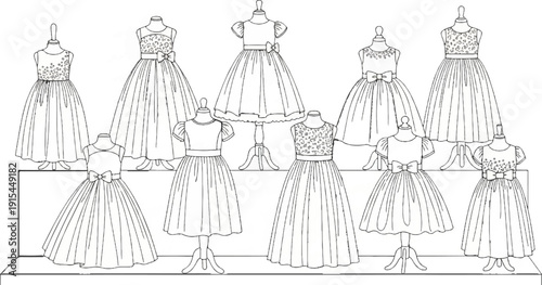 A line drawing of various styles of children's formal dresses on mannequins