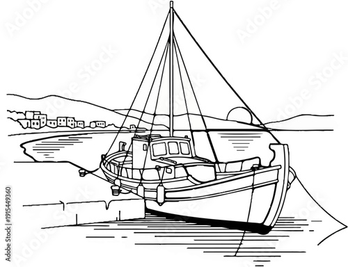 A monochrome sketch of a docked fishing boat with a small village on the shore