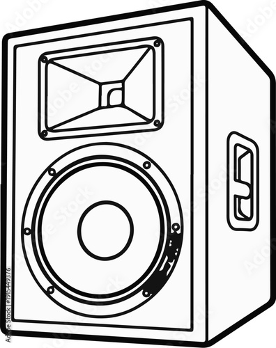 A line drawing of a speaker cabinet with a horn and woofer