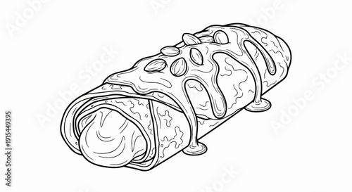 A line drawing of a rolled pastry with chocolate drizzle and nuts