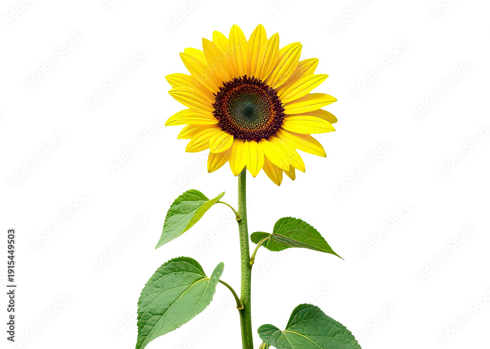 Obraz premium A bright yellow sunflower with green leaves set against a clean white background, perfect for use in designs related to nature, simplicity, and sunshine