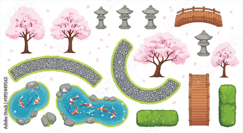 Vector illustration of a Japanese garden constructor kit with pink cherry blossom trees, stone lanterns, wooden bridges, koi ponds, and gravel paths, isolated on white background.