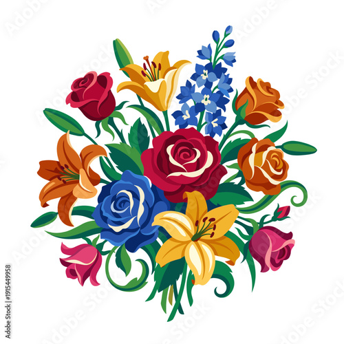 Bright floral bouquet cluster, red roses, golden lilies, blue delphinium spikes and lush leaves, cheerful garden arrangement mark, saturated petals, lively decorative sprig
