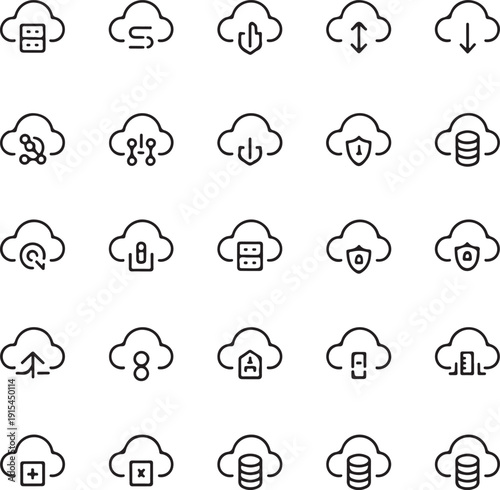 Vector set of rainy and storm clouds line icons. Minimalistic weather forecast symbols. Meteorology climate elements. Thunderstorm lightning rain shower. Nature atmosphere sky