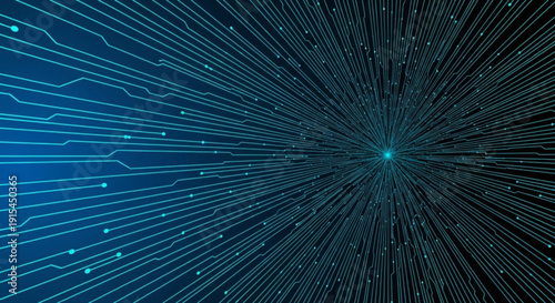 Futuristic technology background with glowing blue lines and circuits radiating from a central point conveying innovation and digital advancement in a dark space