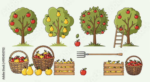 Vector illustration set of cartoon apple and pear trees with ripe red and yellow fruit, wooden baskets, crates, and a garden fork, isolated on transparent background.
