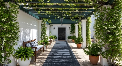 Elegant walkway to entrance with climbing flowers and bench